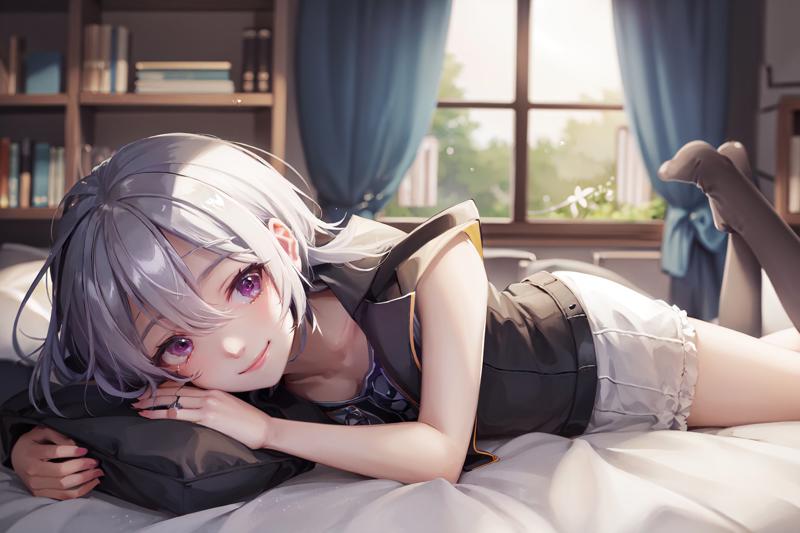 00020-514776215-), smile, looking at viewer, lying, on stomach, long hair, sleeveless shirt, bedroom, plushies, bookshelf, window, sparkles, lig.jpg